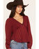 Image #2 - Wonderwest Women's Long Sleeve Bow Trim Top, Dark Red, hi-res