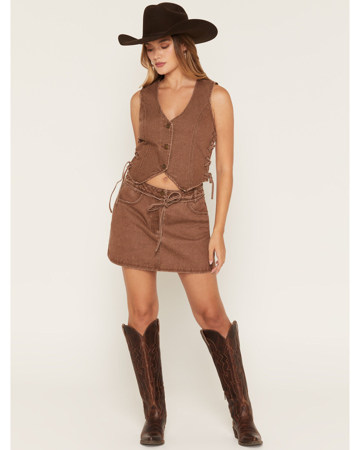 Image #1 - Ashley Women's Lace-Up Washed Denim Vest, Lt Brown, hi-res