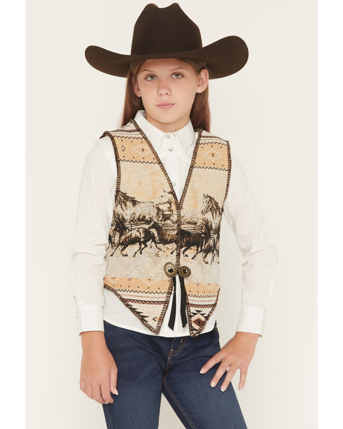 Image #1 - Fornia Girls' Horse Print Tapestry Vest, Ivory, hi-res