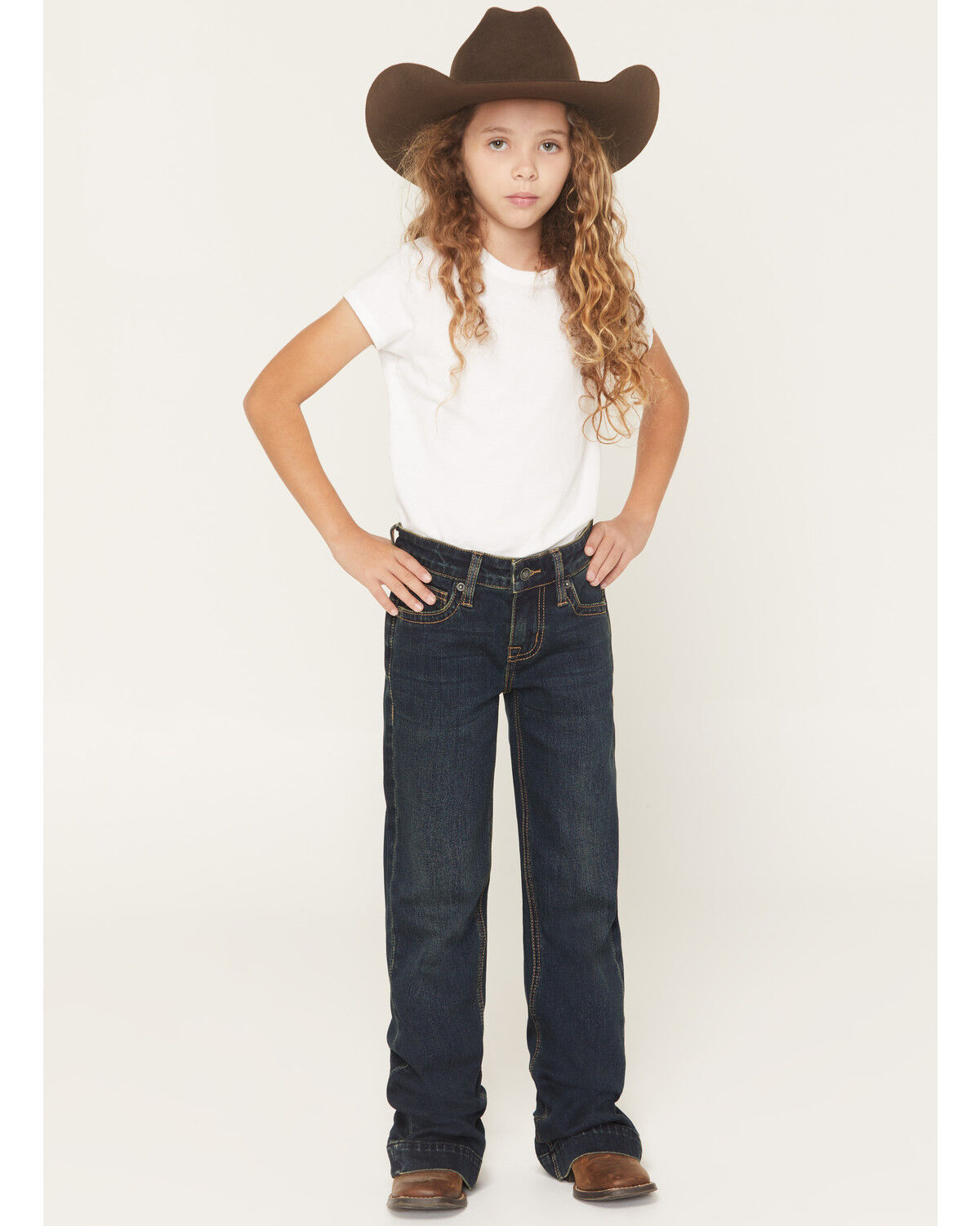 Rock & Roll Denim Girls' Dark Wash Suede Pocket Trouser Stretch Denim Jeans, Dark Wash, hi-res