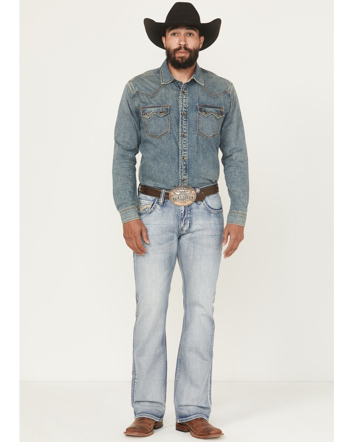Image #1 - Rock & Roll Denim Men's Boot Barn Exclusive Light Wash Pistol Bootcut Stretch Denim Jeans, Light Wash, hi-res