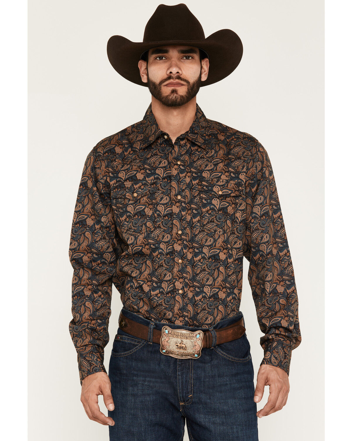 Image #1 - Wrangler Retro Men's Premium Paisley Print Long Sleeve Snap Western Shirt, Brown, hi-res