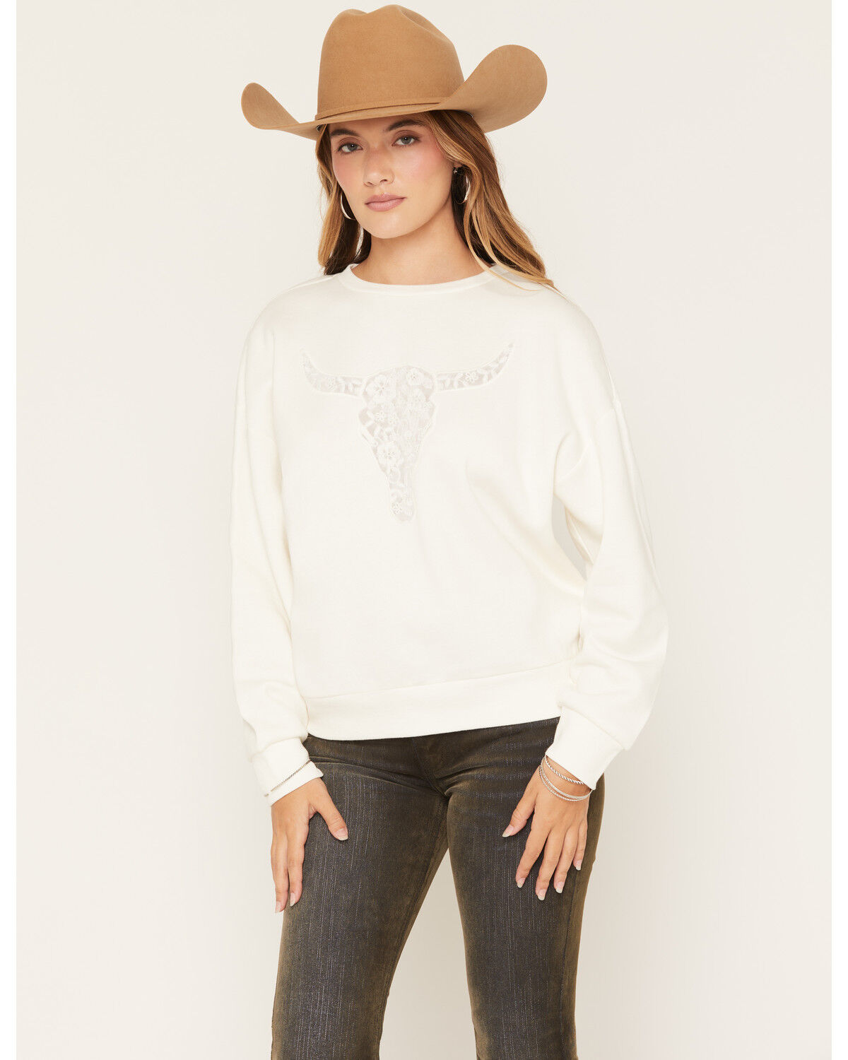 Image #1 - Blended Women's Steer Head Lace Graphic Crewneck Sweatshirt, Cream, hi-res