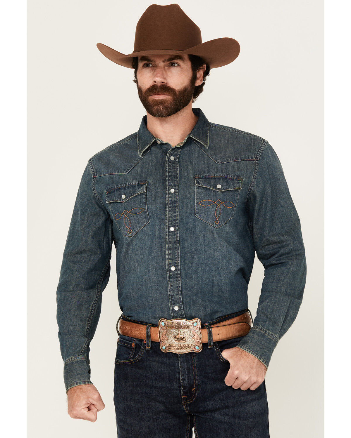 Image #1 - Cody James Men's Medium Wash Denim Long Sleeve Pearl Snap Western Shirt - Big, Medium Wash, hi-res