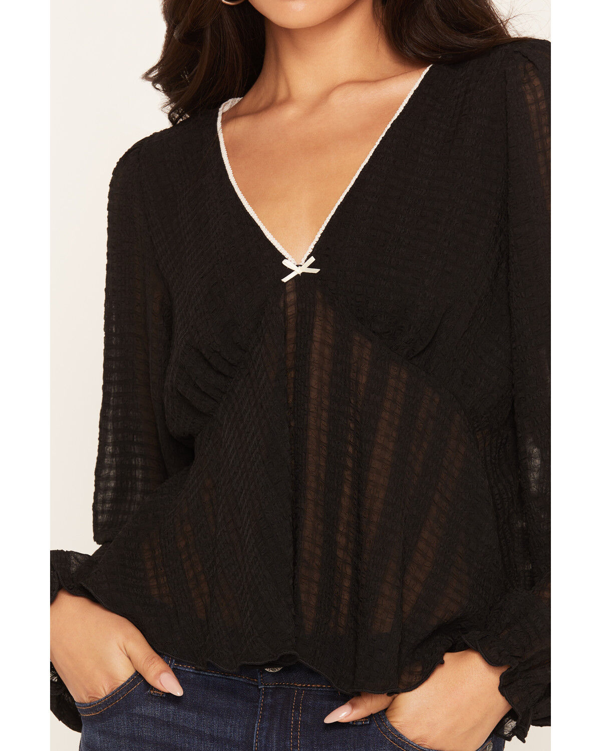 Image #3 - Wild Moss Women's Solid Bow Trim Long Sleeve Top, Black, hi-res