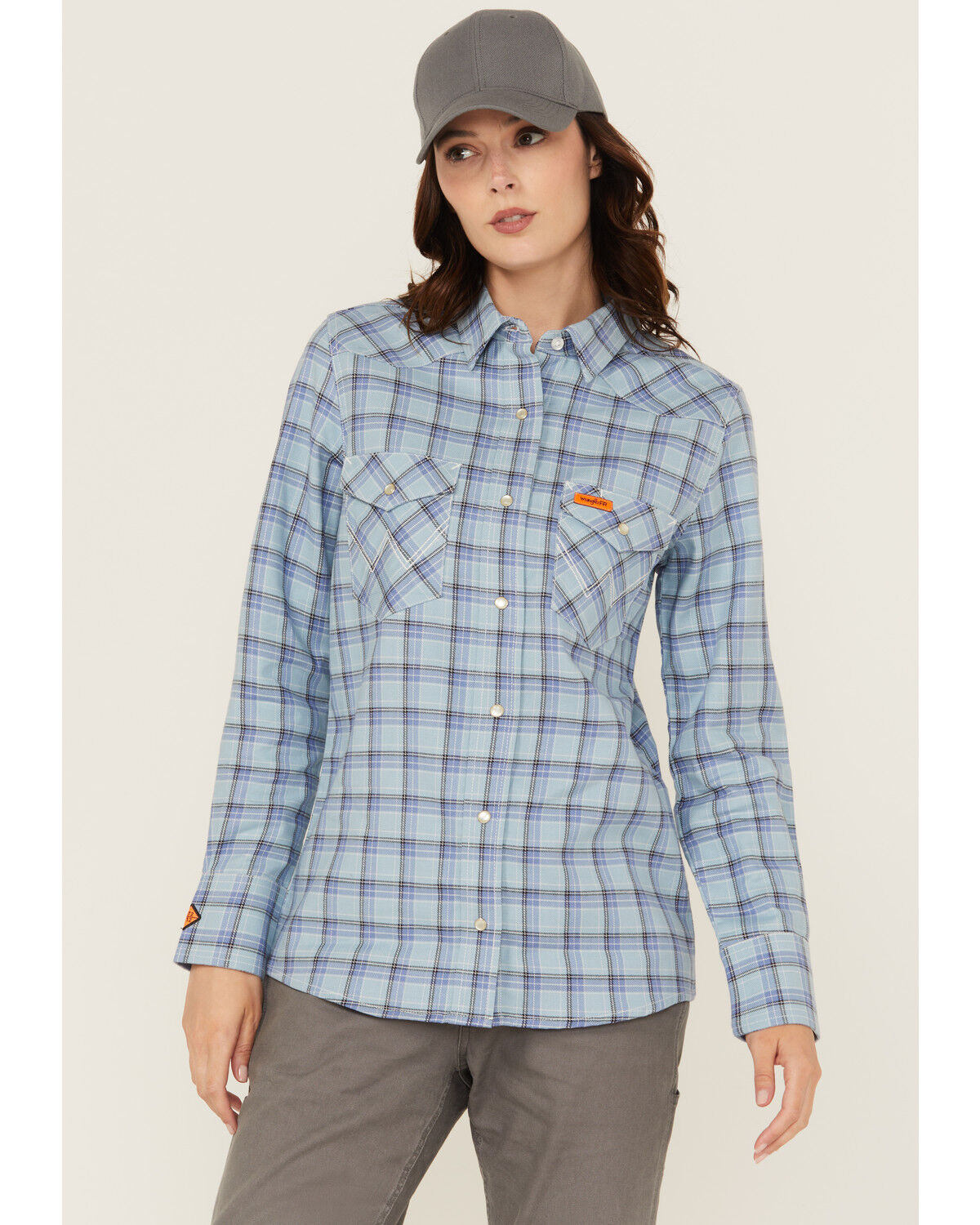 Image #1 - Wrangler Women's FR Riverside Plaid Print Long Sleeve Snap Work Shirt, Blue, hi-res