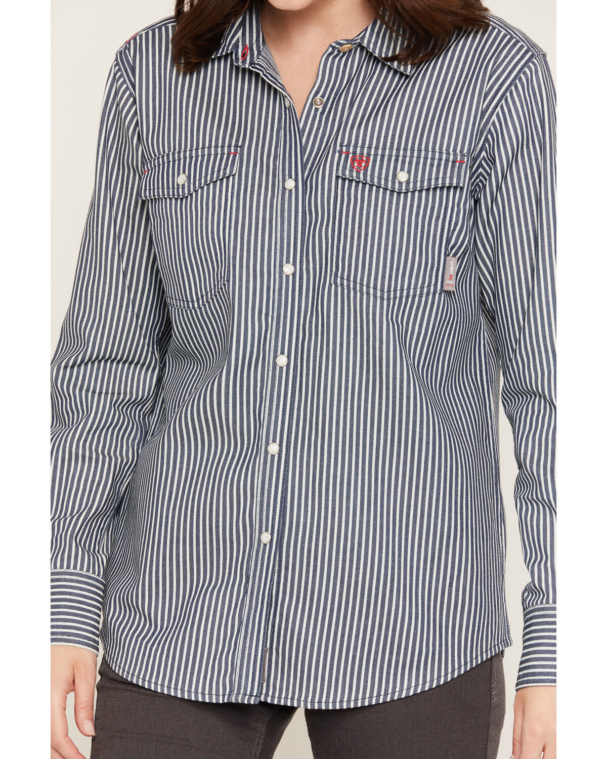 Image #3 - Ariat Women's FR Ruth Striped Long Sleeve Snap Work Shirt, Blue/white, hi-res