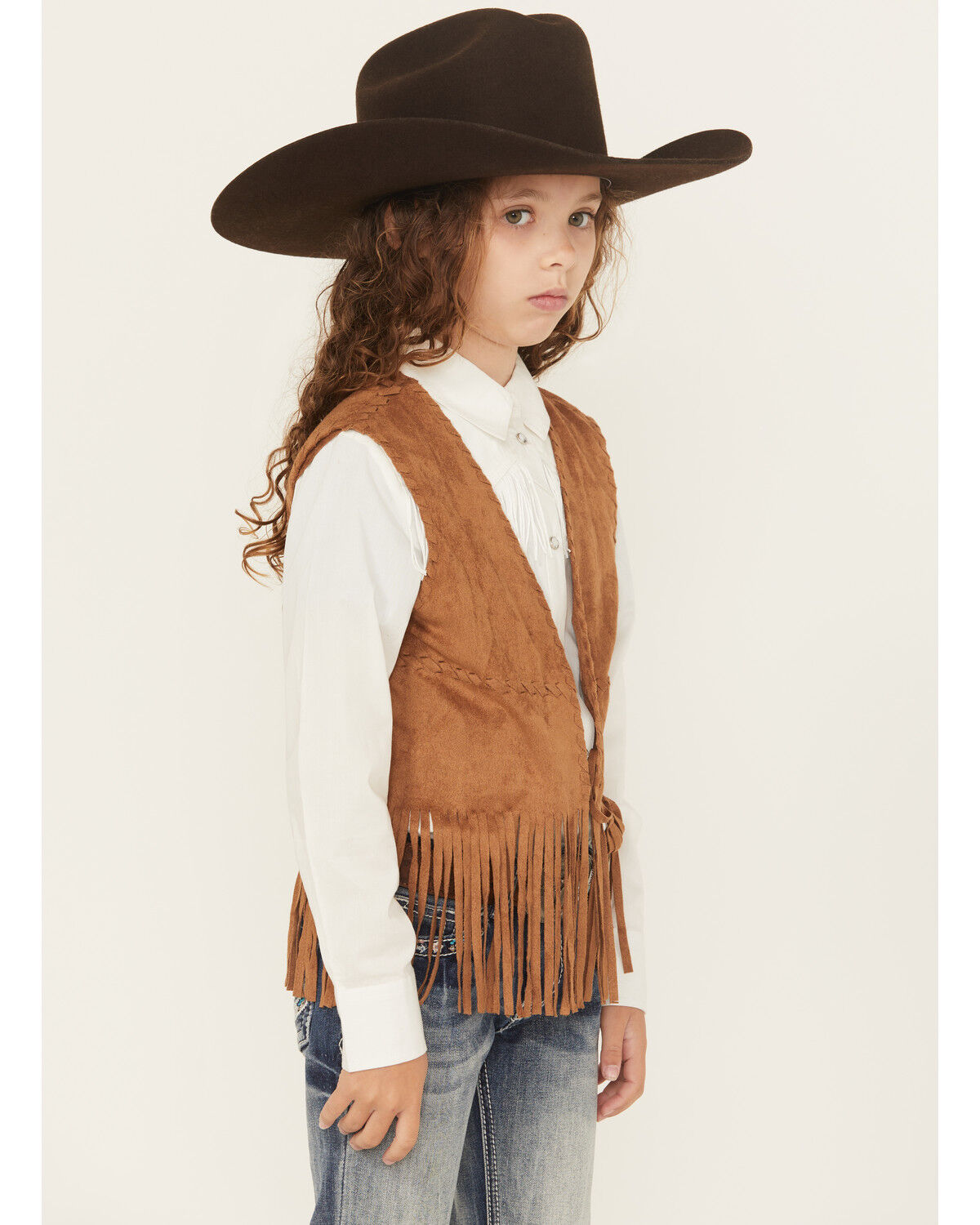 Image #2 - Fornia Girls' Faux Suede Whipstitch Fringe Vest, Camel, hi-res