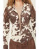 Image #3 - Shyanne Women's Porter Cow Print Faux Suede Embellished Fringe Moto Jacket, Brown, hi-res
