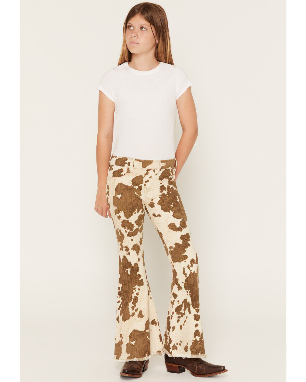 Image #1 - Shyanne Girls' Lacey Pony Print Print Pull-On Flare Denim Jeans, Cow Print, hi-res