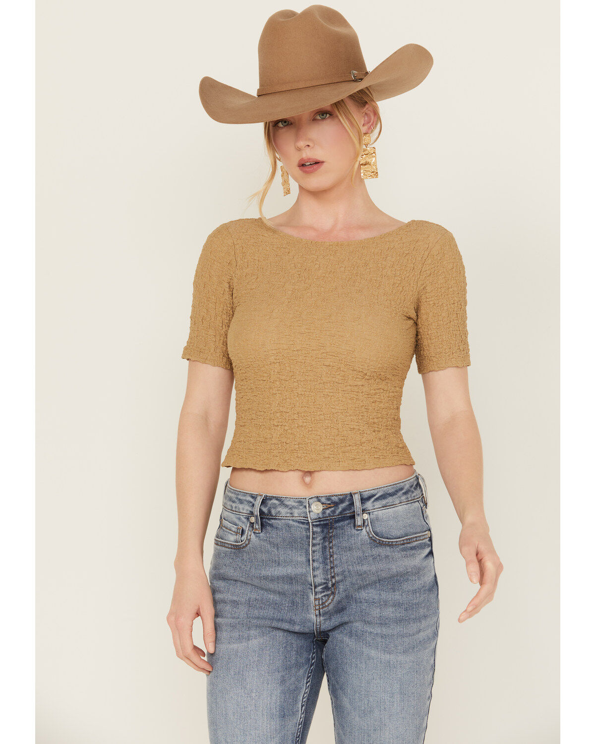 Image #1 - Sadie & Sage Women's Smocked Cropped Tee, Taupe, hi-res