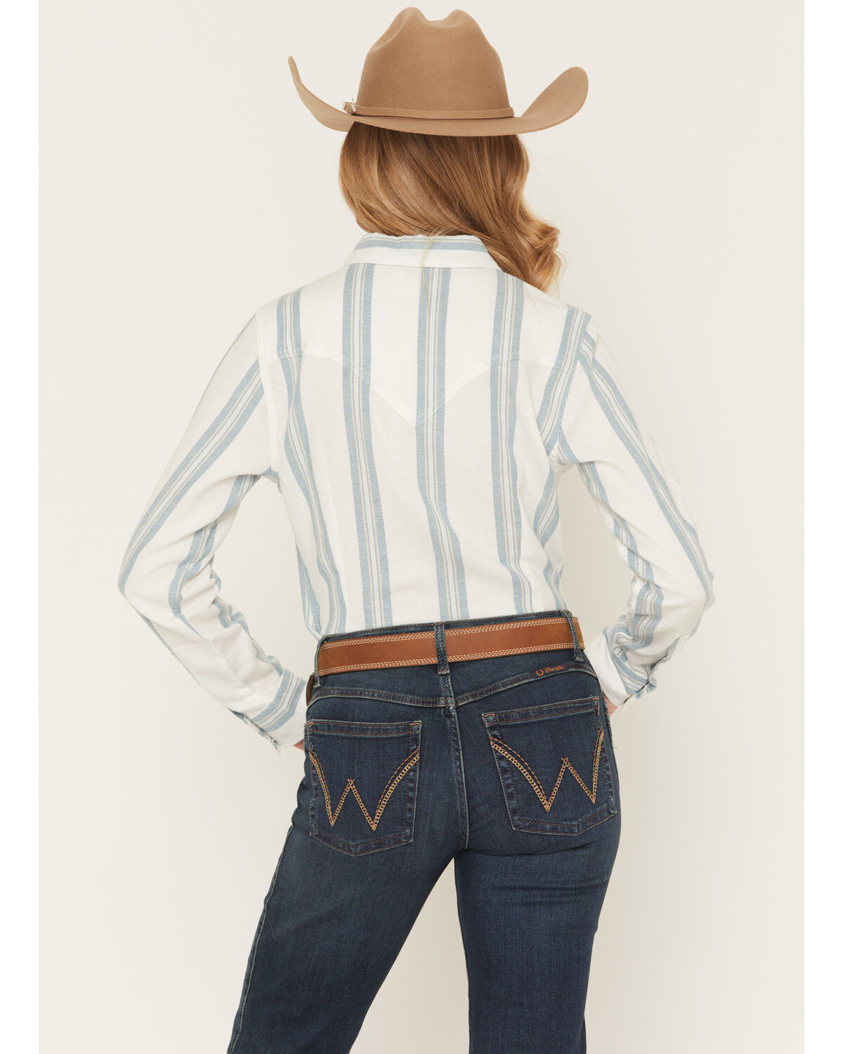 Image #4 - Wrangler Retro Women's Boot Barn Exclusive Striped Long Sleeve Pearl Snap Flannel Shirt, Light Blue, hi-res