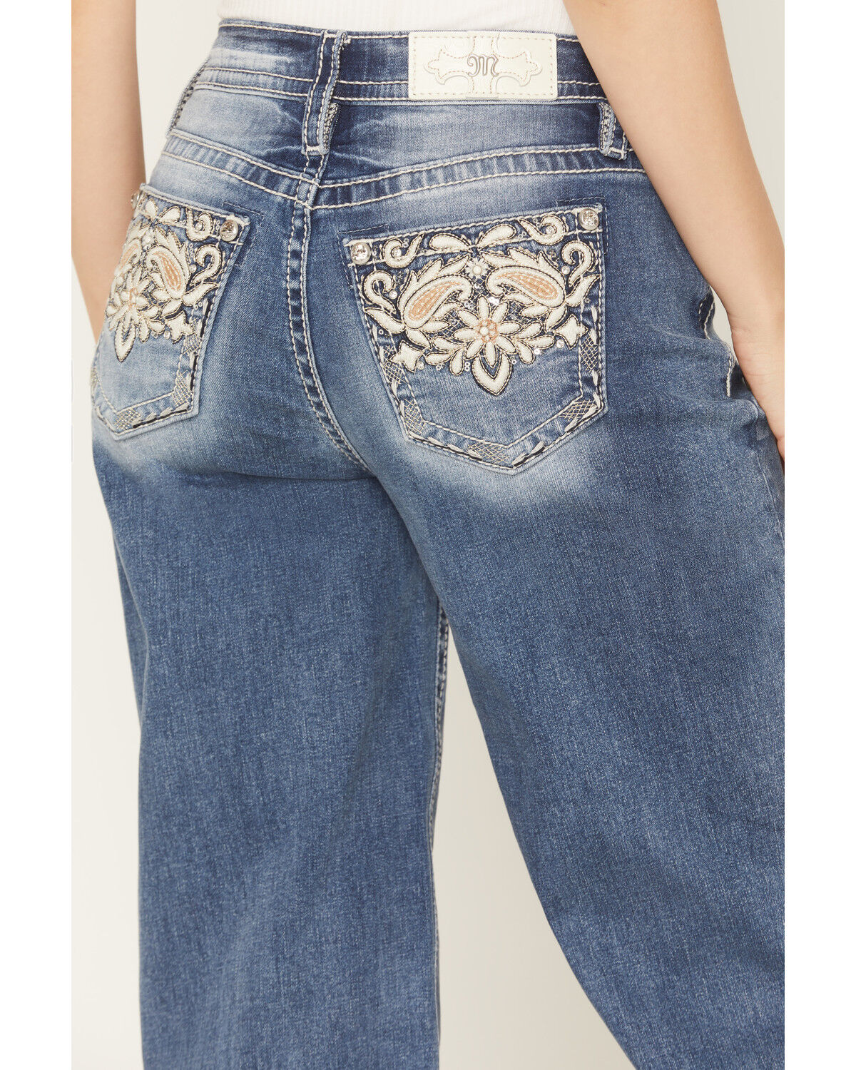 Image #2 - Miss Me Women's Medium Wash High Rise Paisley Pocket Slim 32" Bootcut Stretch Denim Jeans, Medium Wash, hi-res