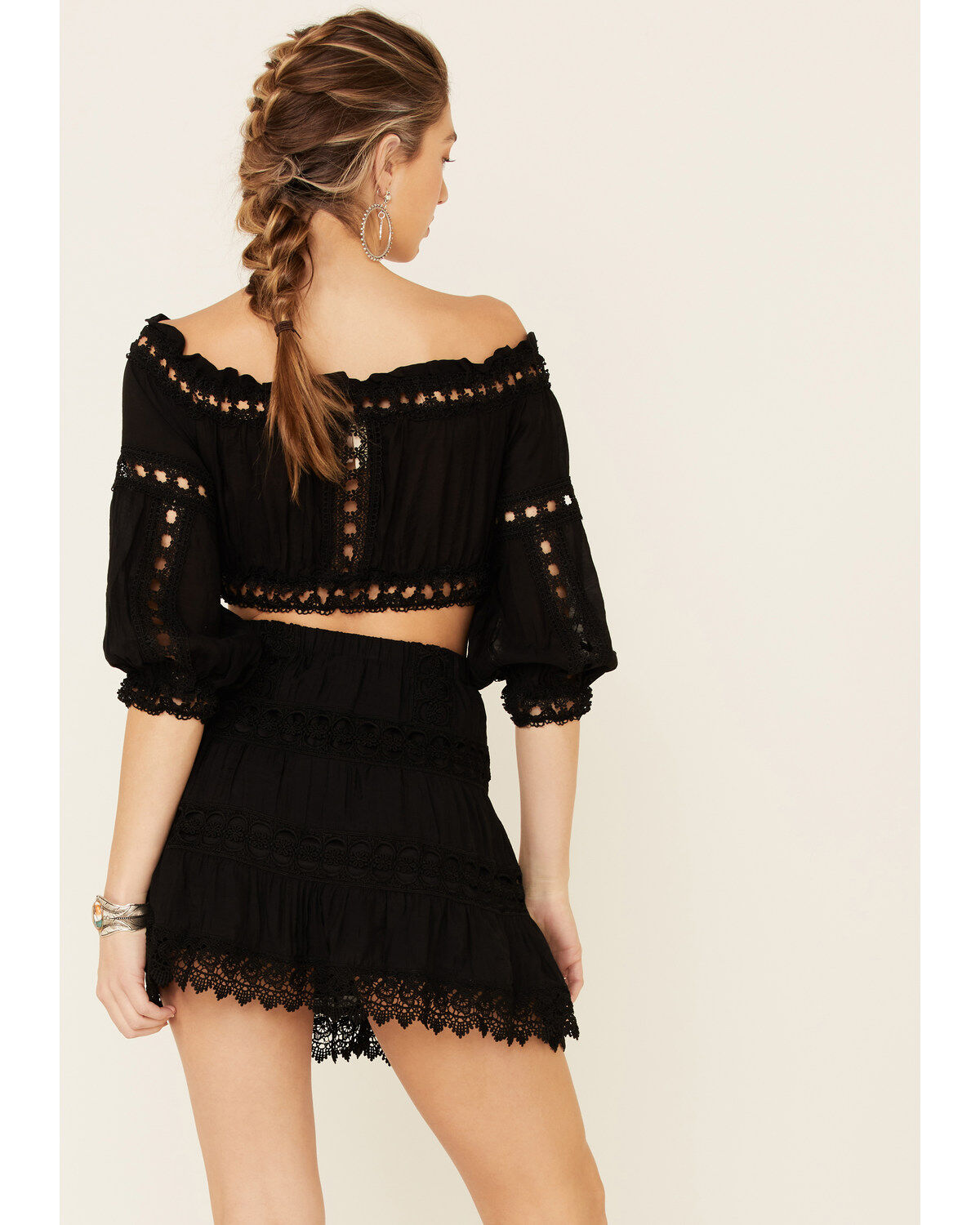 Image #4 - Revel Women's Cropped Off Shoulder Crochet Top, Black, hi-res