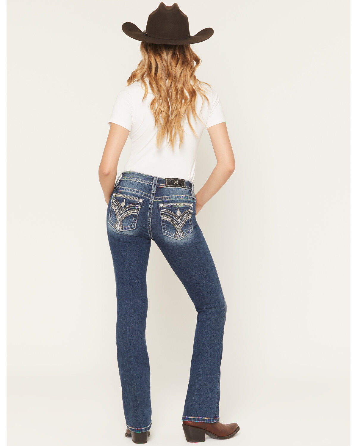 Image #1 - Miss Me Women's Dark Wash Mid Rise Embroidered Pocket 34" Bootcut Stretch Denim Jeans, Dark Wash, hi-res