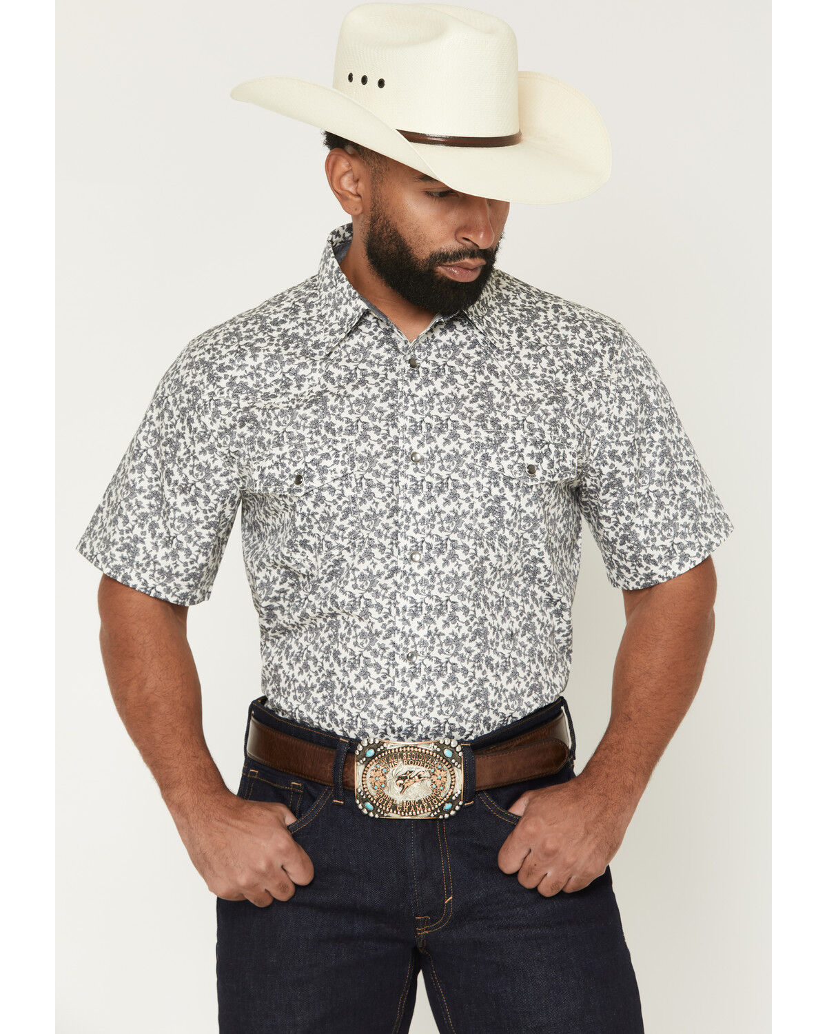 Image #1 - Cody James Men's Flynn Floral Print Short Sleeve Snap Western Shirt, White, hi-res