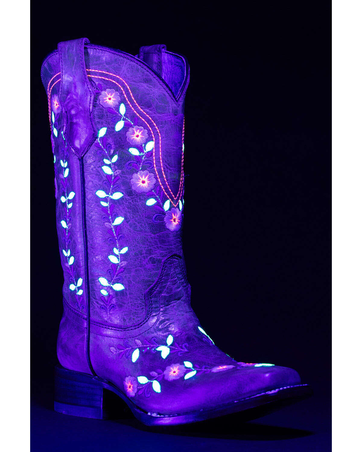 Image #2 - Corral Girls' Floral Embroidered Blacklight Western Boots - Square Toe, Honey, hi-res