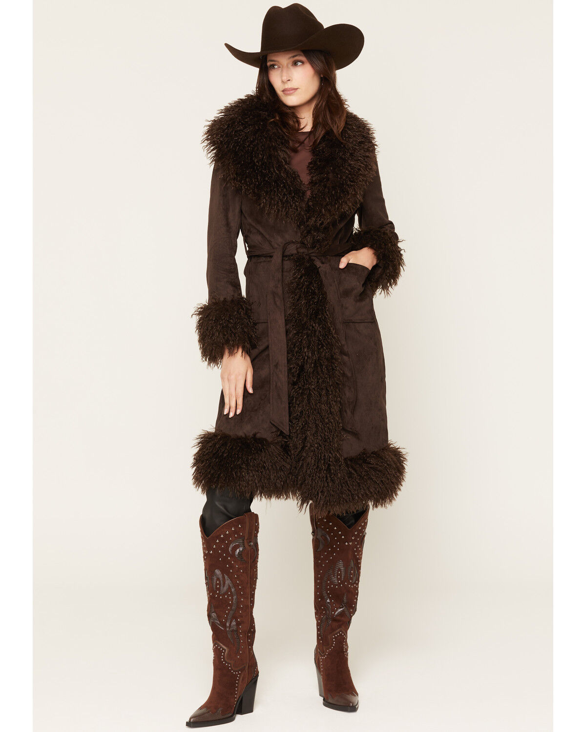 Image #1 - Azalea Wang Women's Gilda Long Faux Fur Trench Coat, Chocolate, hi-res