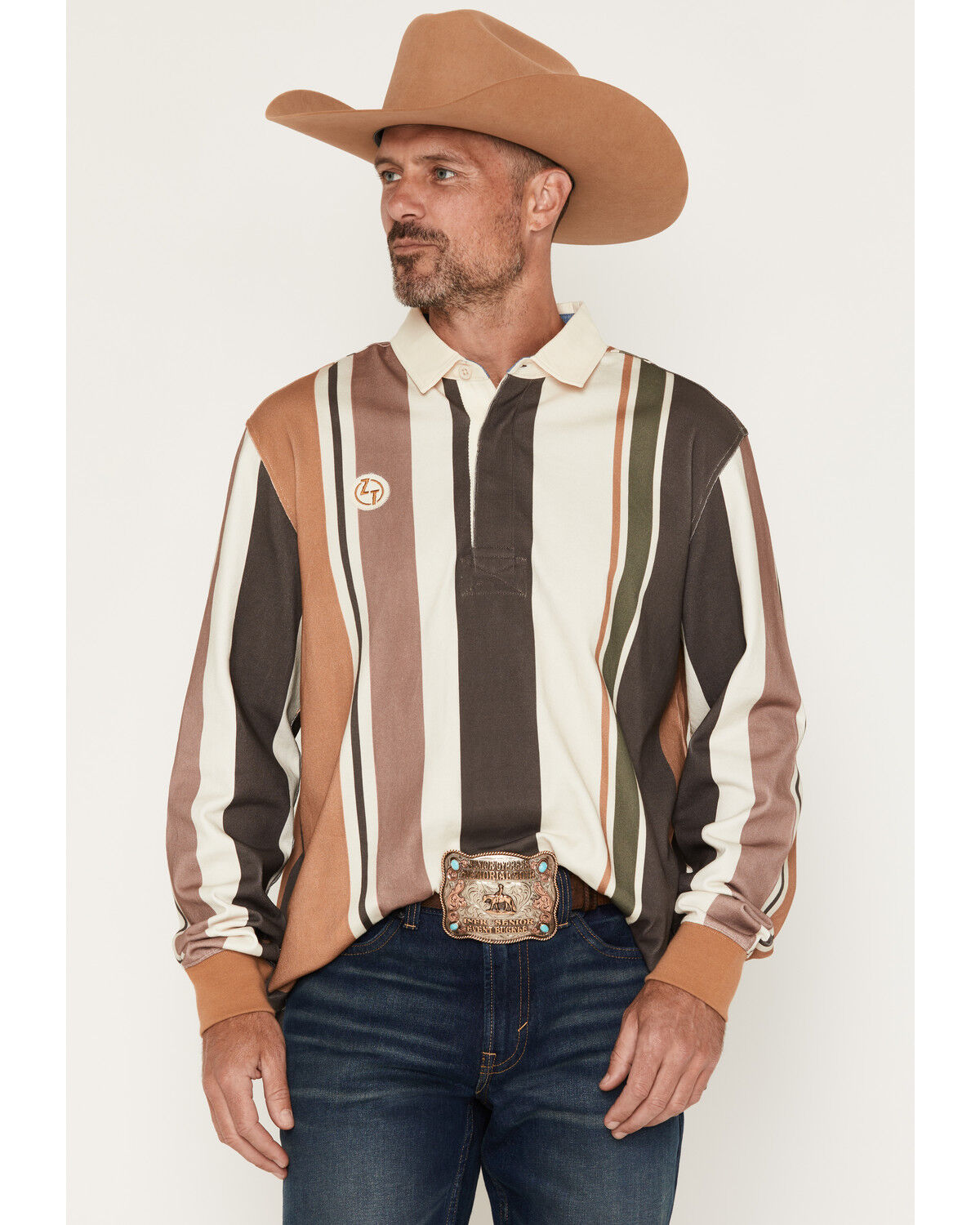 Image #1 - Zach Top X Kimes Ranch Men's Wyatt Striped Long Sleeve Button-Down Polo Shirt, Brown, hi-res