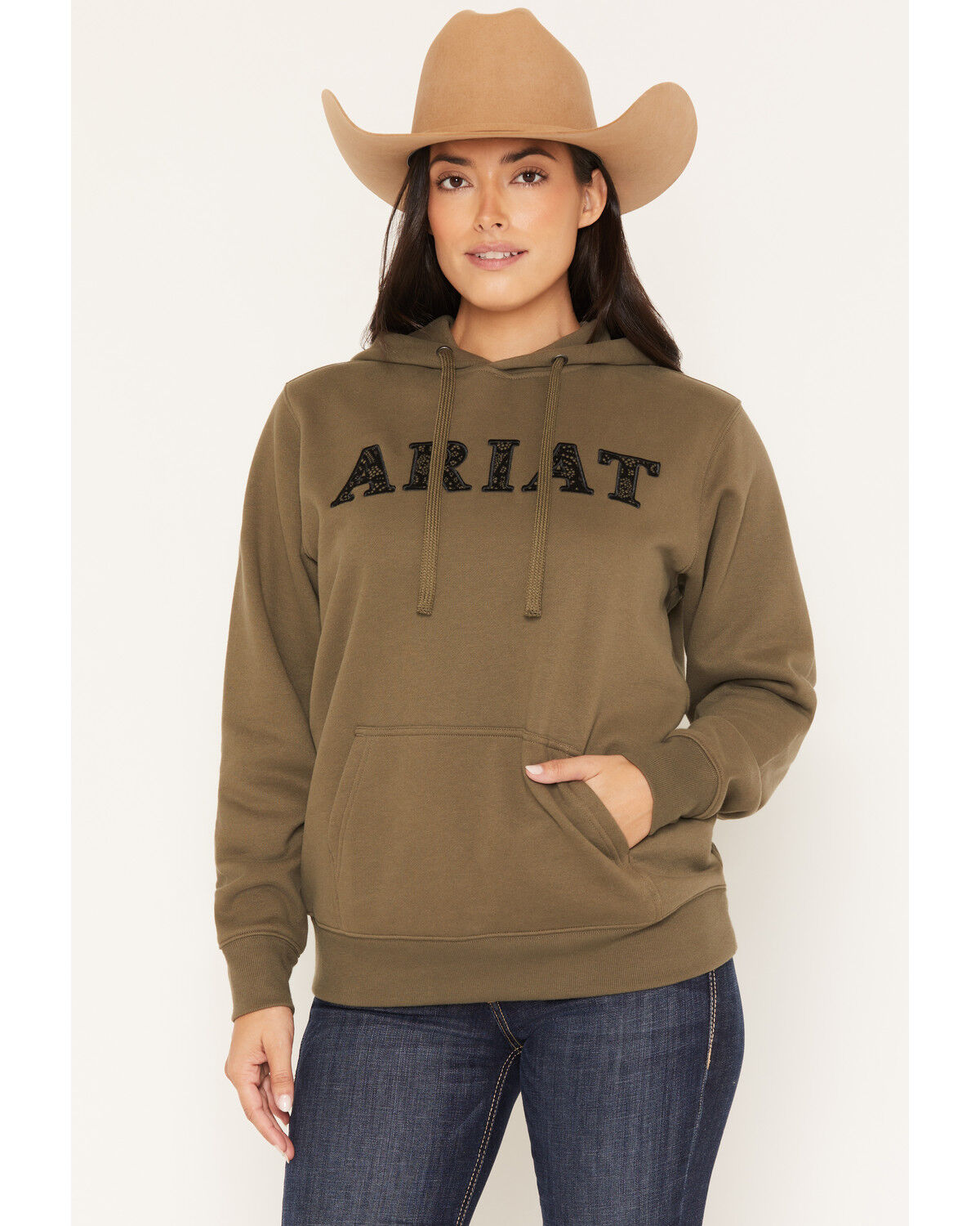 Image #1 - Ariat Women's Boot Barn Exclusive Lace Logo Hoodie, Olive, hi-res