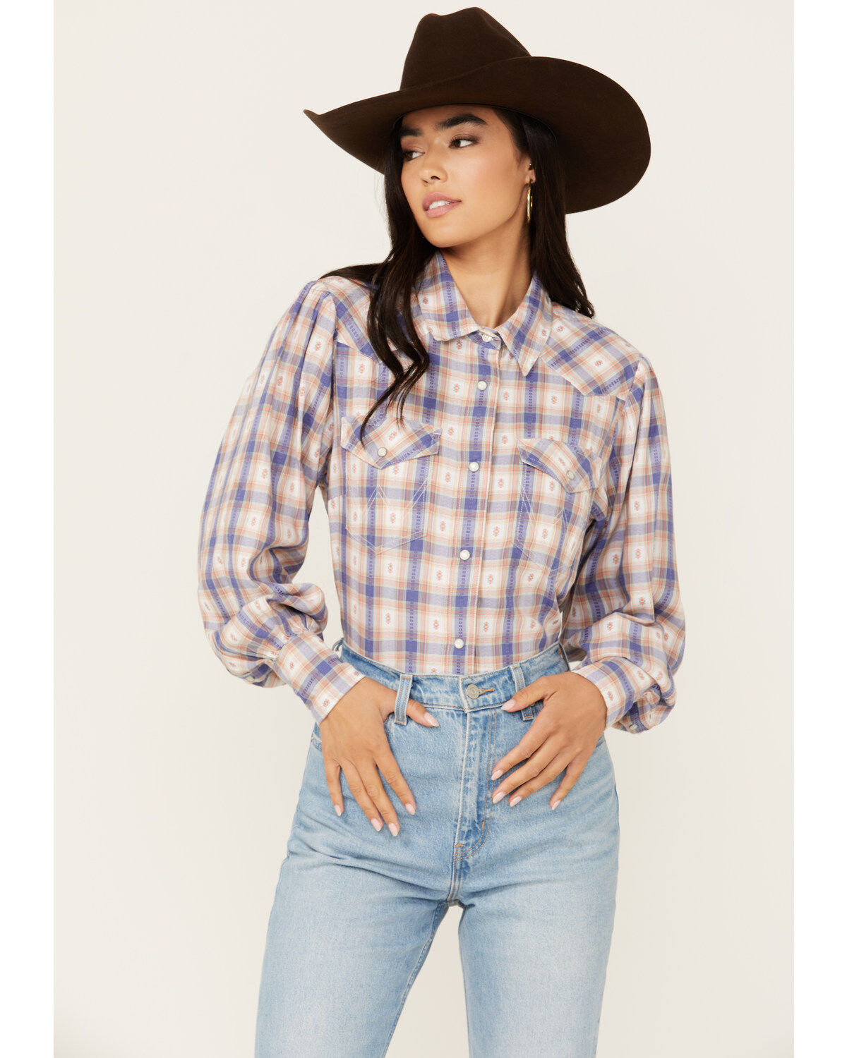 Image #1 - Wrangler Women's Balloon Sleeve Plaid Print Snap Western Shirt, Medium Wash, hi-res