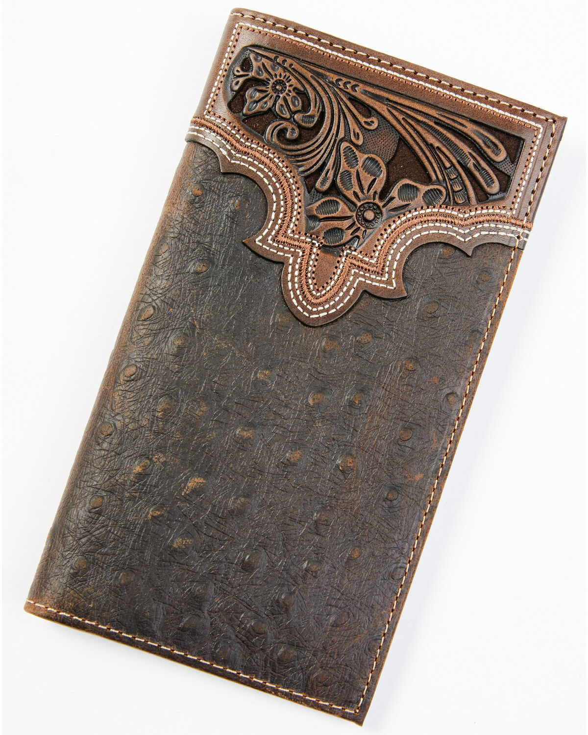 Cody James Men's Ostrich Tooled Checkbook Wallet, Brown, hi-res