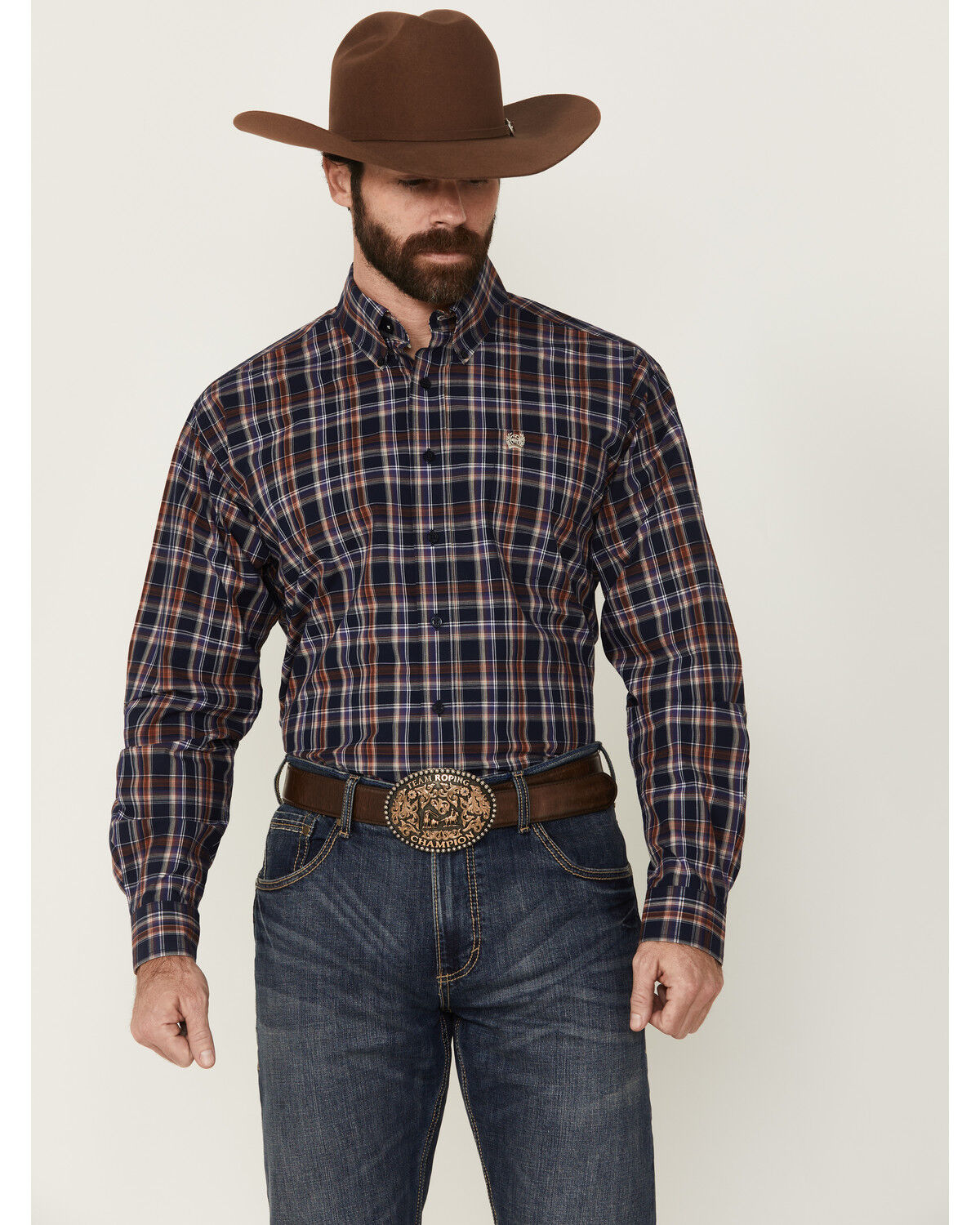 Image #1 - Cinch Men's Plaid Print Long Sleeve Button-Down Western Shirt, Navy, hi-res