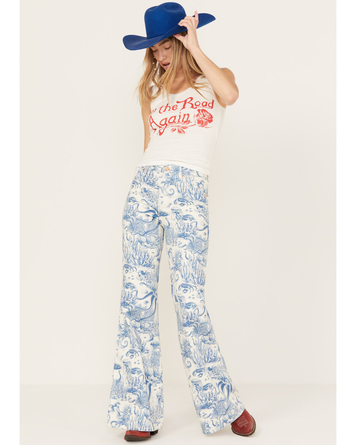 Image #1 - Wrangler Women's High Rise Nautical Print Wanderer Flare Jeans, Multi, hi-res