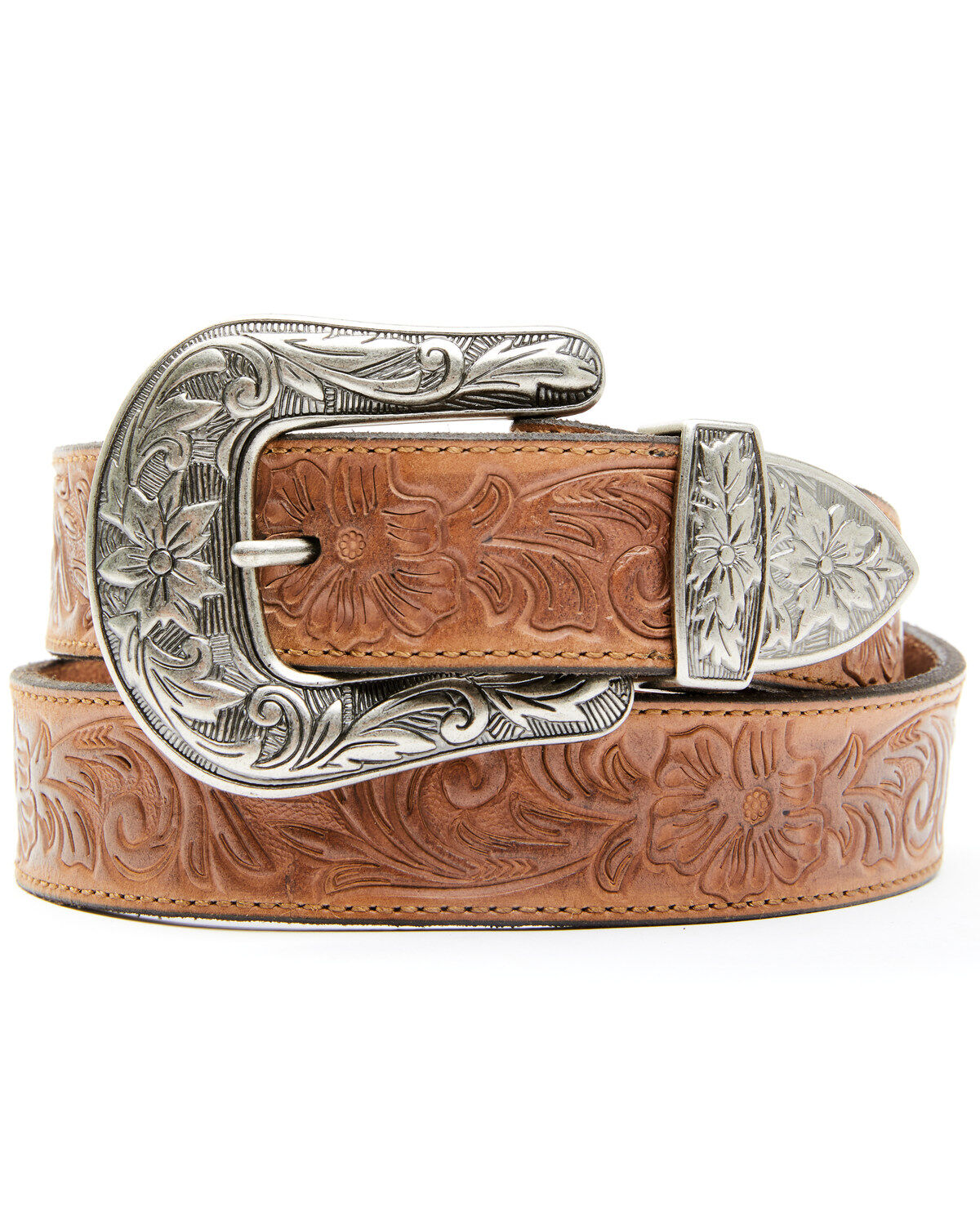 Image #1 - Shyanne Women's Floral Embossed Buckle Belt, Tan, hi-res