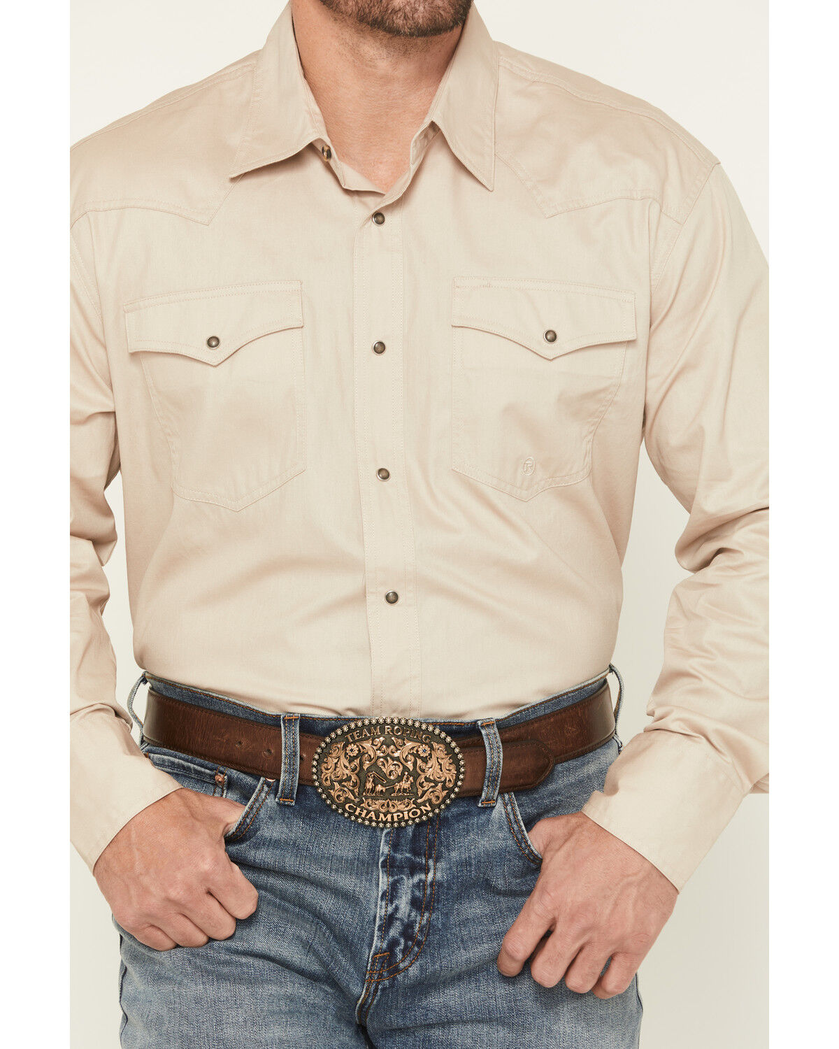 Image #3 - Roper Men's Solid Poplin Long Sleeve Snap Western Shirt, Tan, hi-res