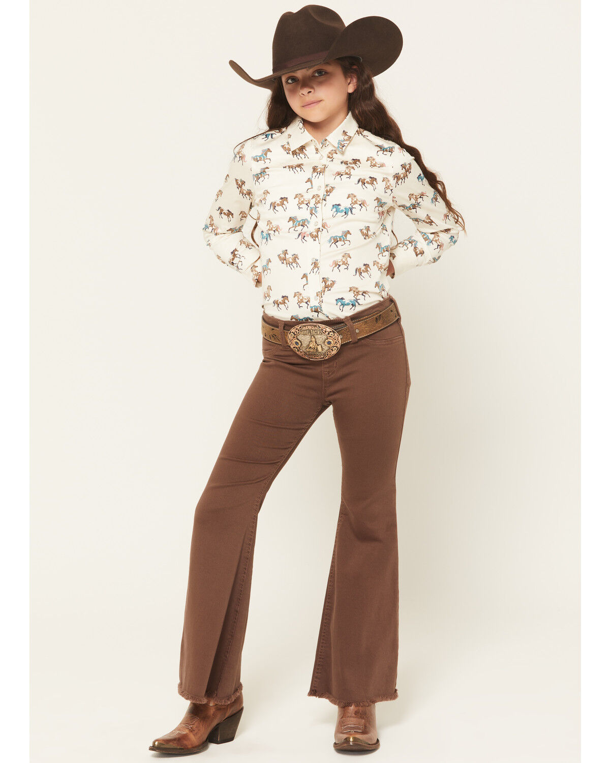 Image #1 - Shyanne Girls' Pull-On Flare Stretch Denim Jeans, Brown, hi-res