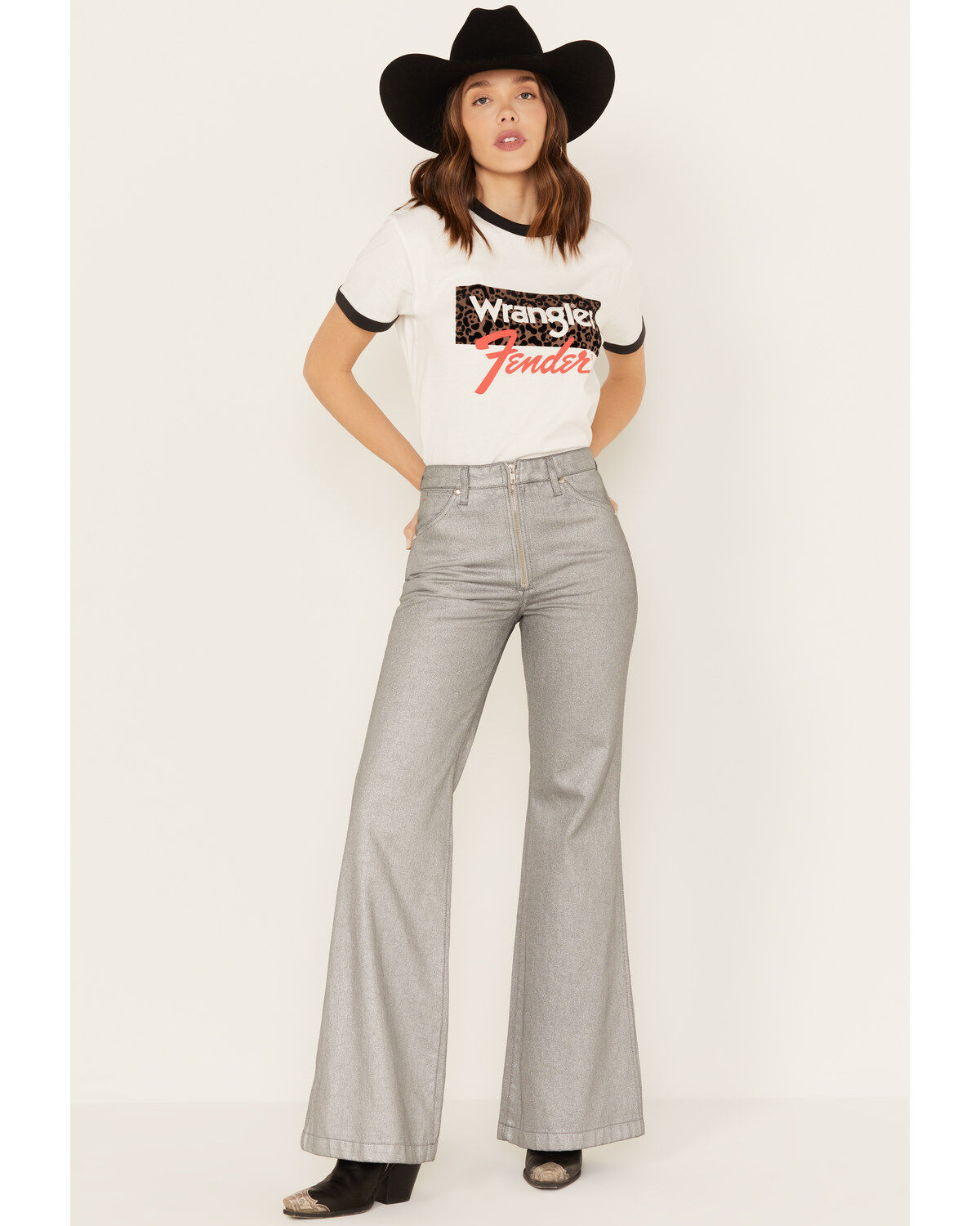 Image #2 - Wrangler X Fender Women's Metallic Wanderer Flare Jeans, Silver, hi-res