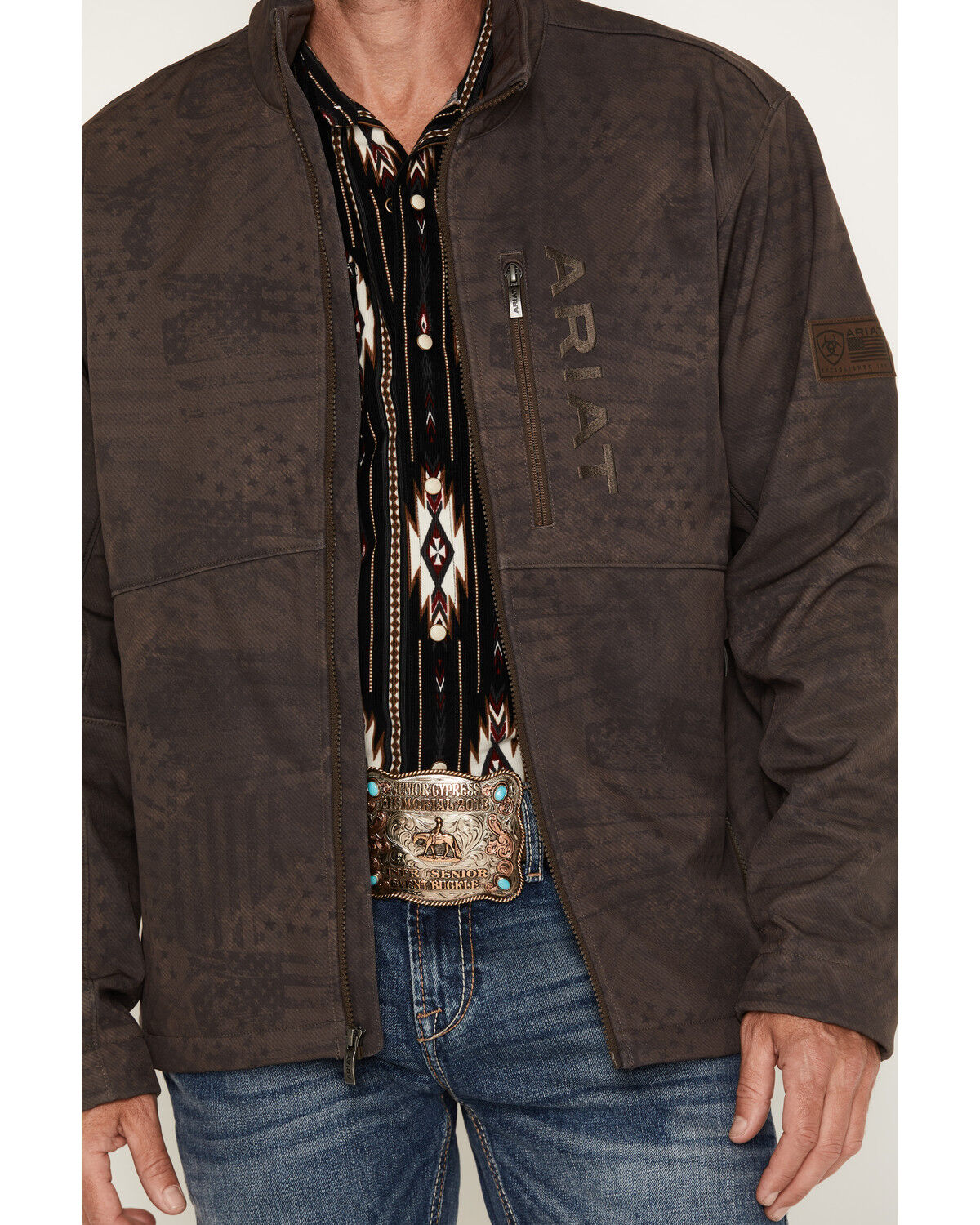 Image #3 - Ariat Men's Americana Patriot Flag Softshell Jacket, Brown, hi-res