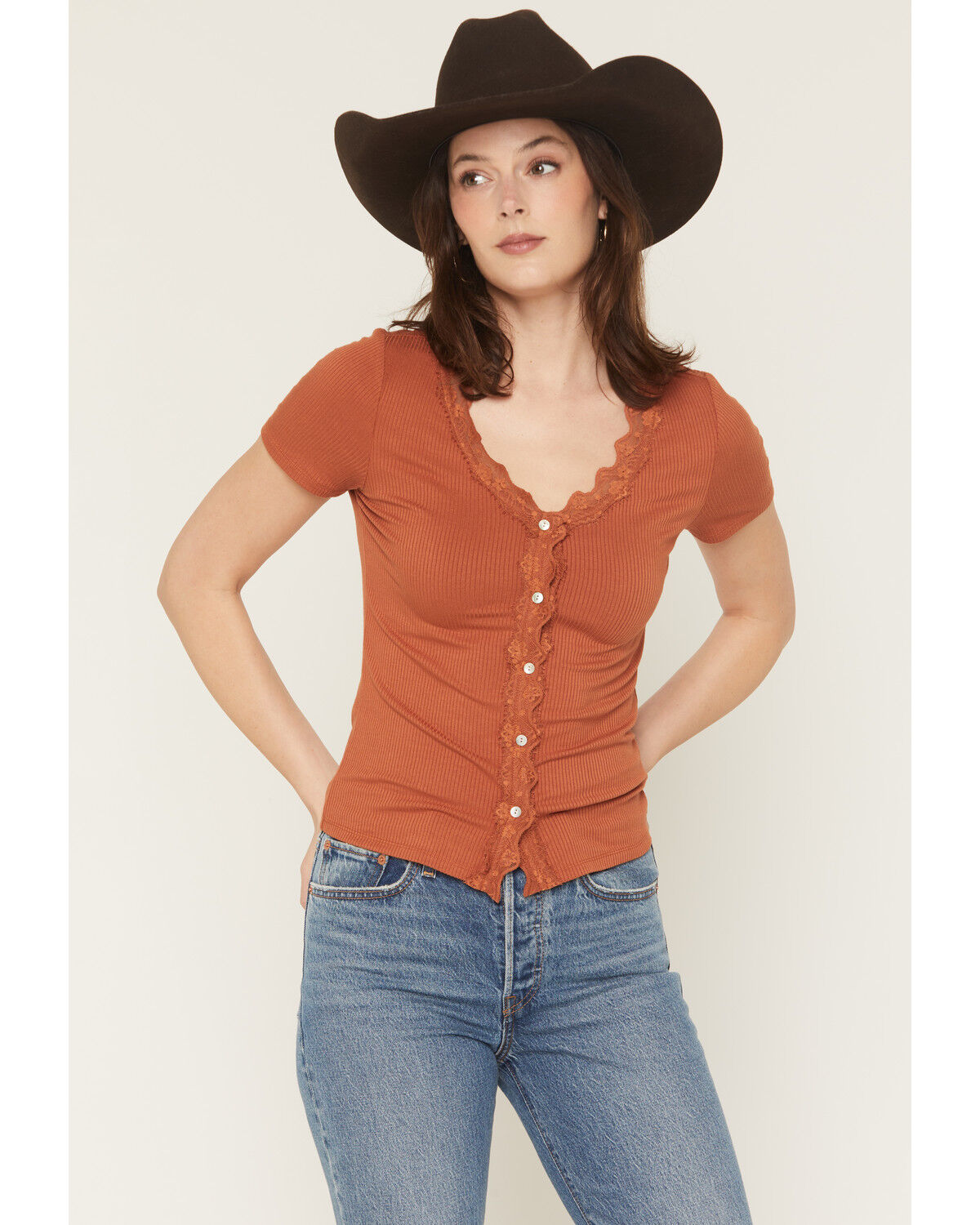 Image #1 - Blue Life Women's Sunny Lace Button-Up Top, Rust Copper, hi-res