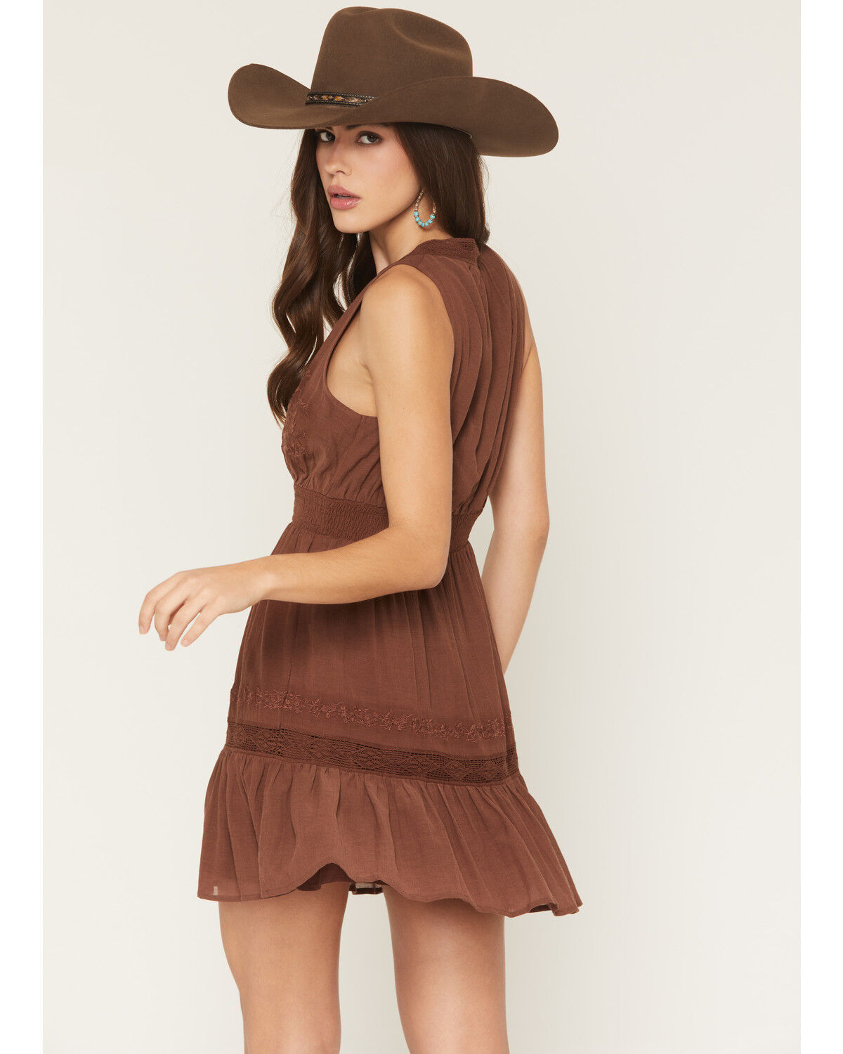 Image #6 - Shyanne Women's Embroidered Smocked Waist Mini Dress, Chocolate, hi-res