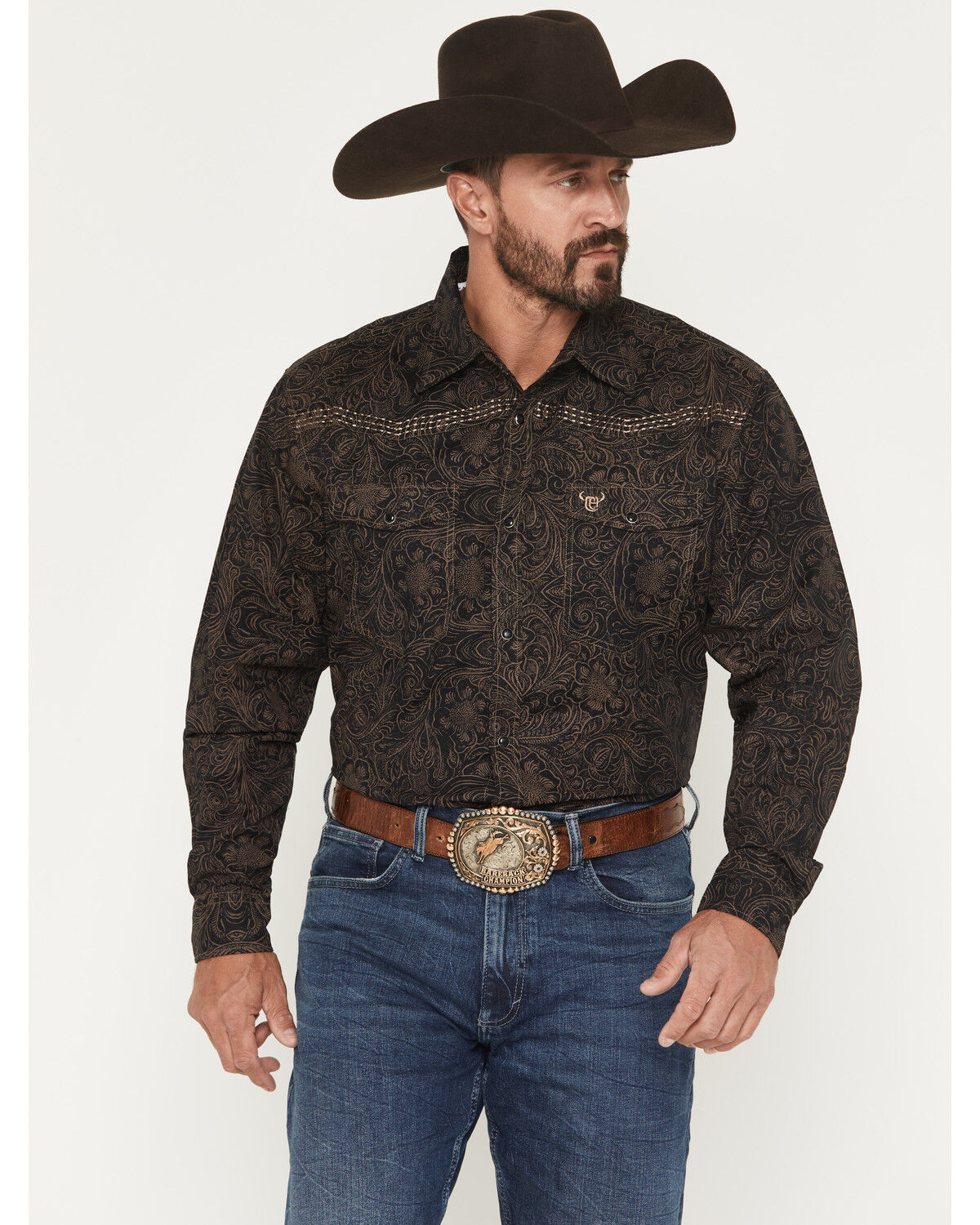 Cowboy Hardware Men's Tooled Floral Print Long Sleeve Snap Stretch Western Shirt, Dark Brown, hi-res