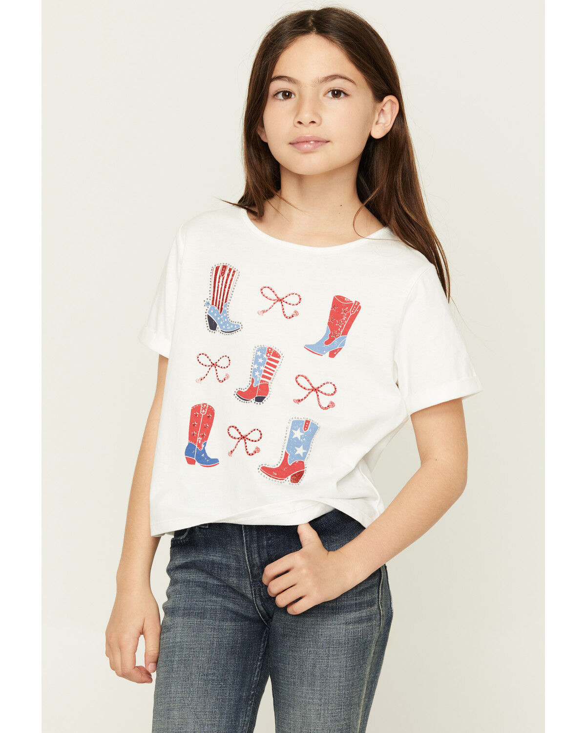 Image #1 - Buttercup Girls' Americana Embellished Boots Short Sleeve Graphic Tee, White, hi-res