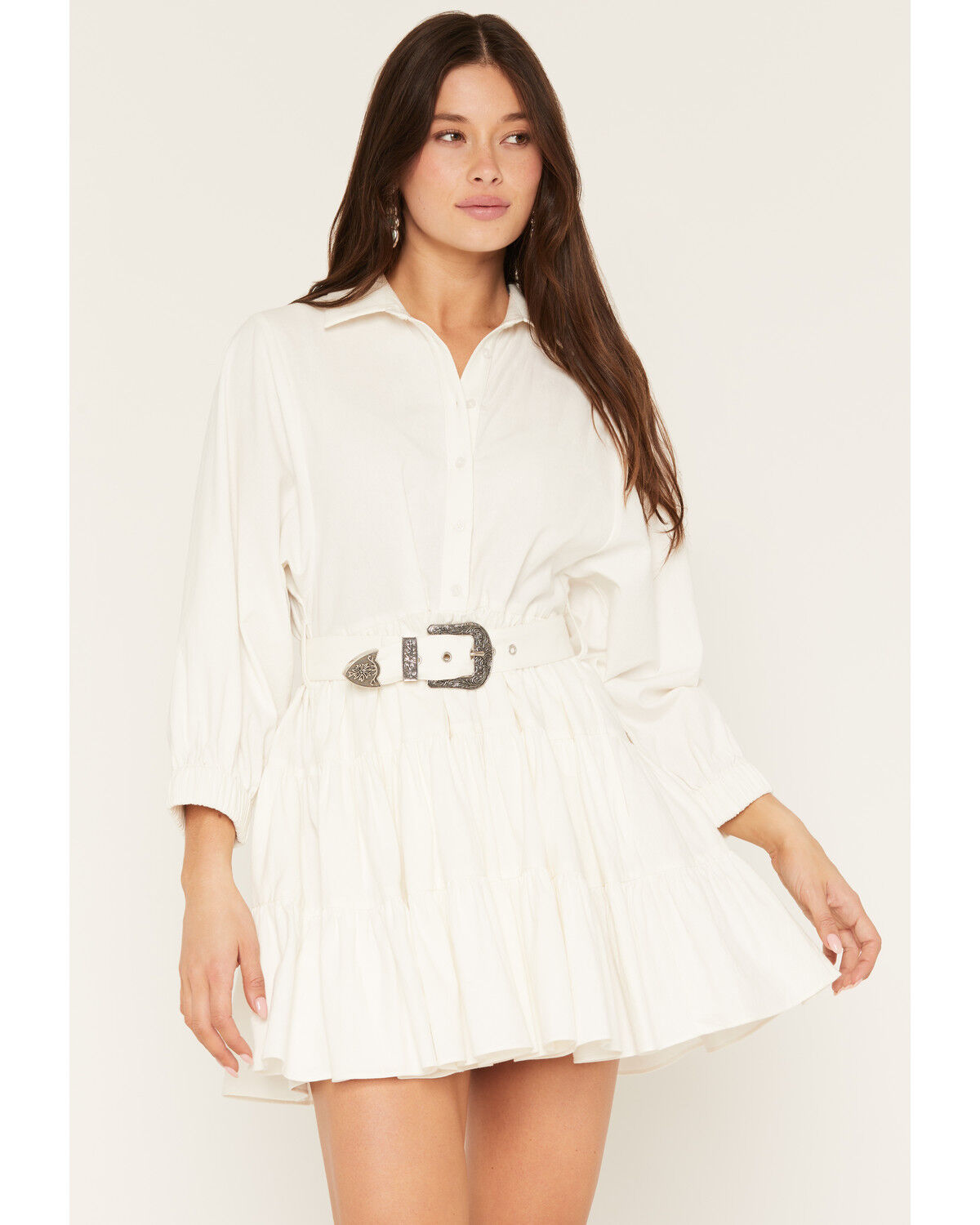 Image #1 - Rock & Roll Denim Women's Long Sleeve Belted Mini Dress, White, hi-res