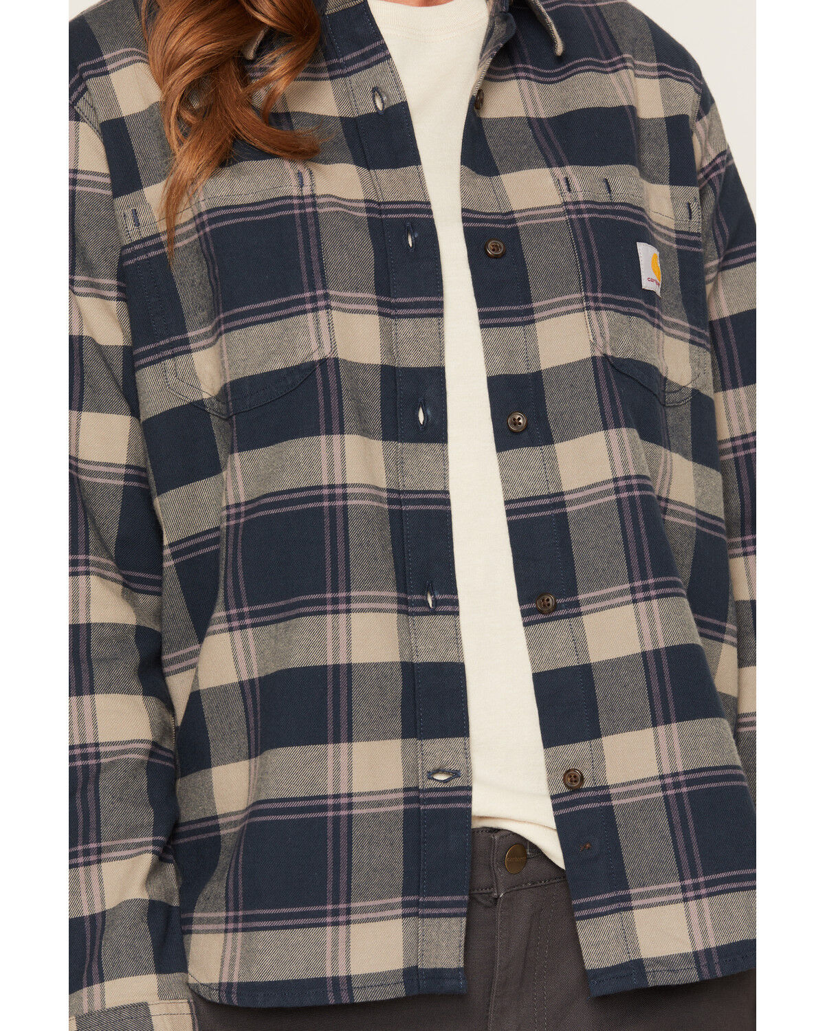 Image #3 - Carhartt Women's Rugged Flex Hamilton Plaid Print Relaxed Long Sleeve Button-Down Flannel Shirt, Blue, hi-res