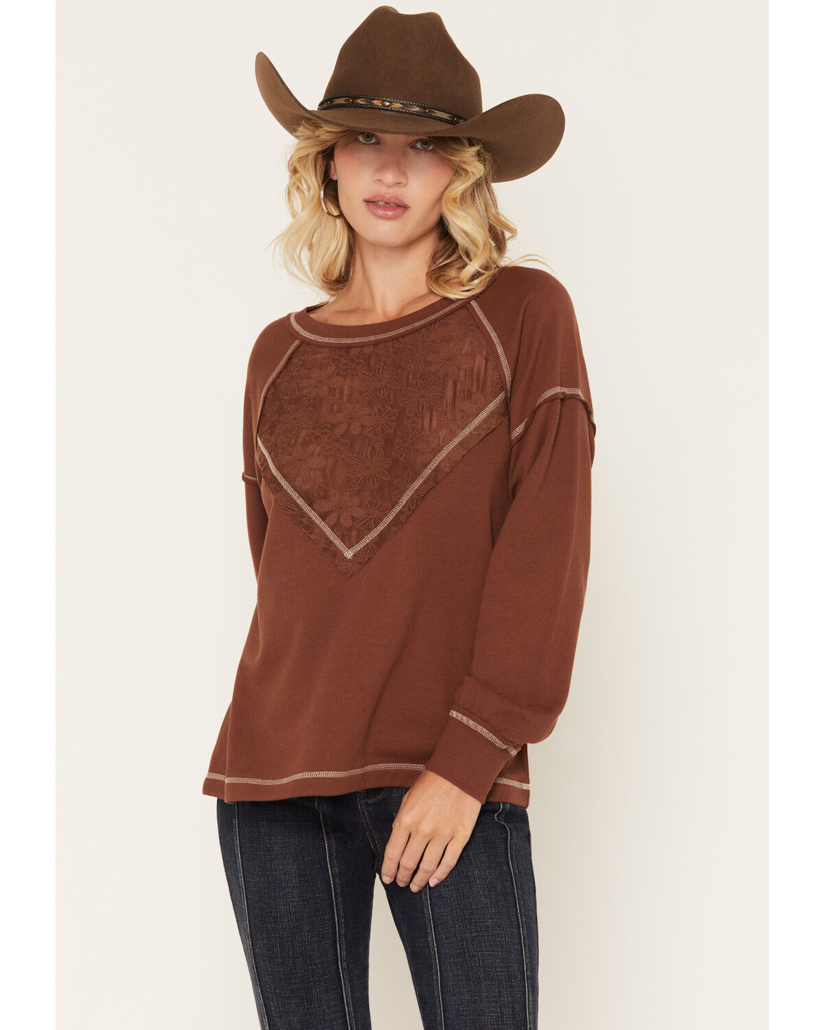 Blended Women's Lace V Neck Sweatshirt, Chocolate, hi-res