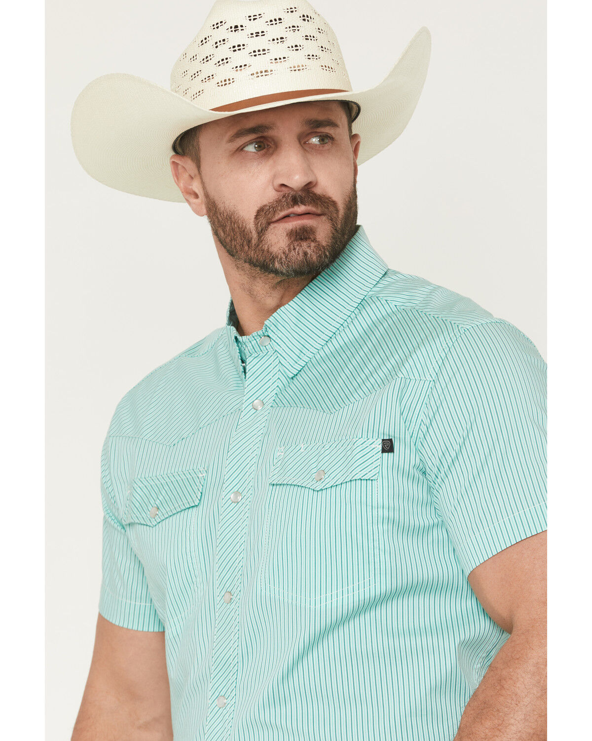 Image #2 - Rock & Roll Denim Men's TEK Core Striped Short Sleeve Pearl Snap Stretch Western Shirt, Turquoise, hi-res