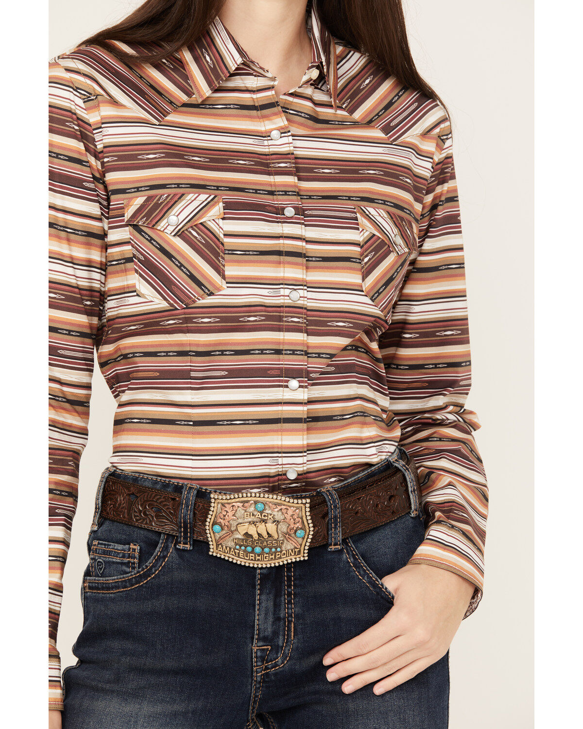 Image #2 - Rough Stock by Panhandle Women's Southwestern Striped Long Sleeve Western Pearl Snap Shirt, Brown, hi-res