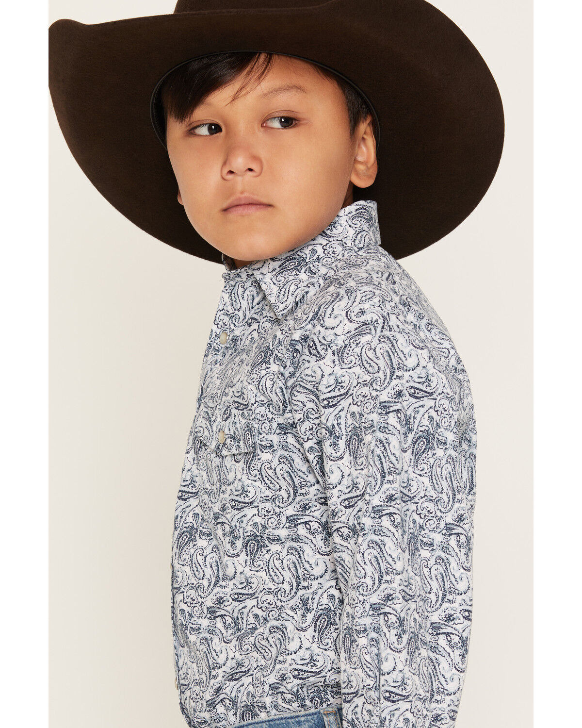 Image #2 - Panhandle Slim Boys' Paisley Print Long Sleeve Pearl Snap Stretch Western Shirt, Blue, hi-res