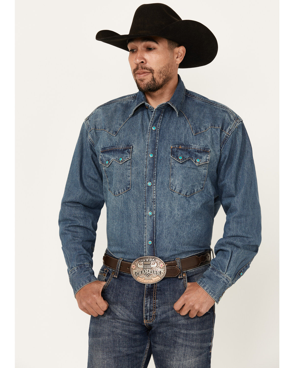 Image #1 - Stetson Men's Denim Long Sleeve Snap Western Shirt, Denim, hi-res