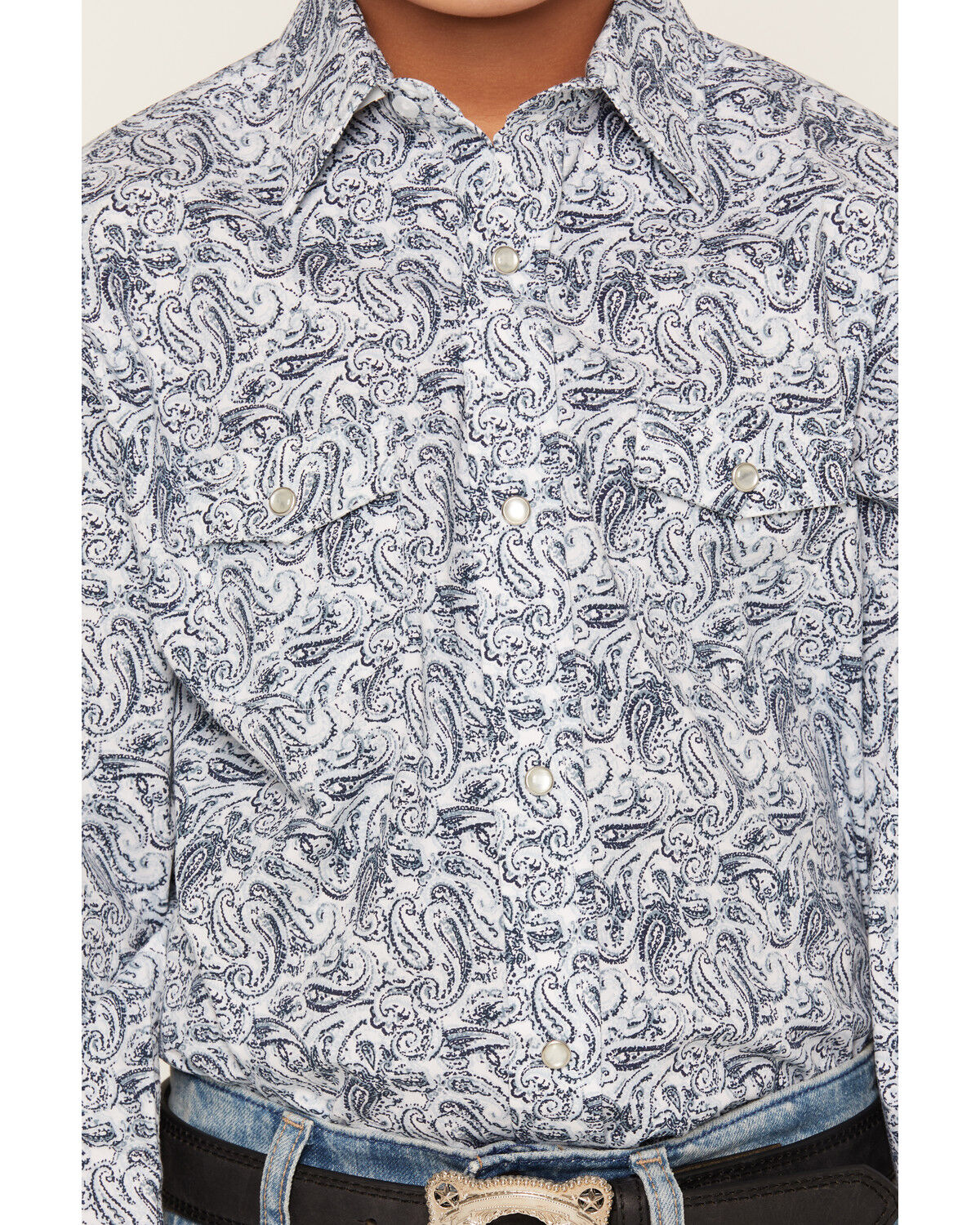 Image #3 - Panhandle Slim Boys' Paisley Print Long Sleeve Pearl Snap Stretch Western Shirt, Blue, hi-res