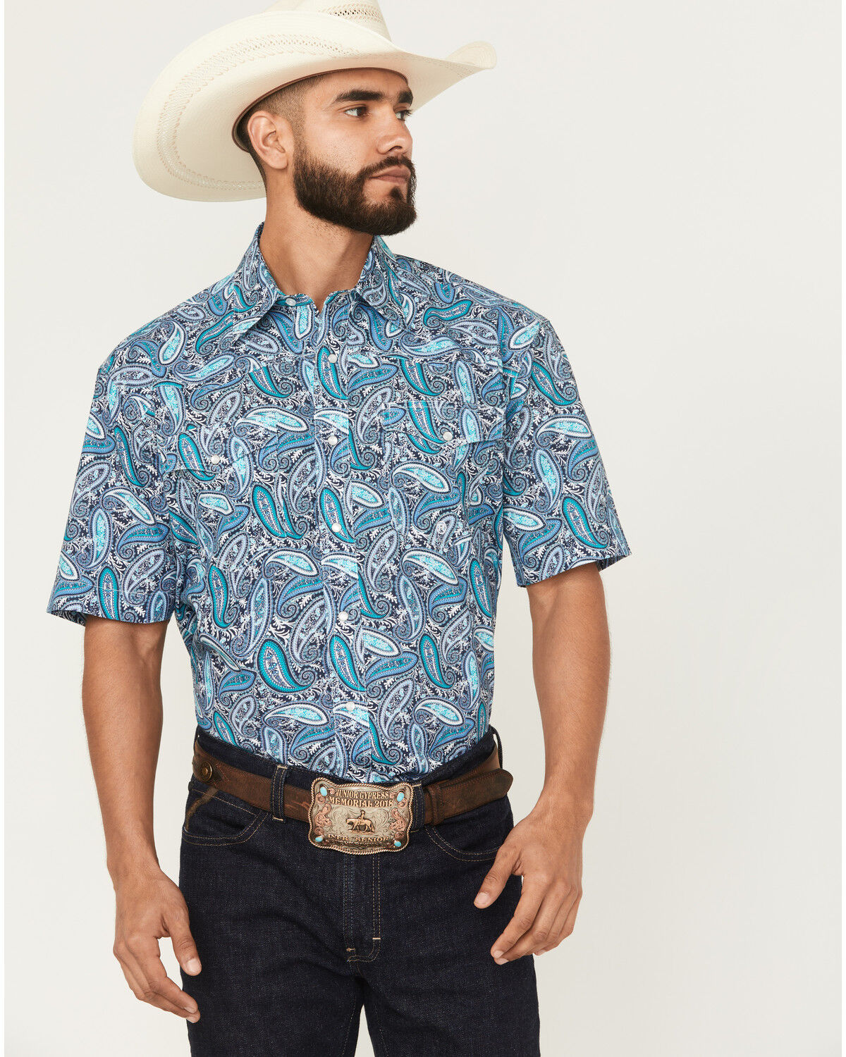 Image #1 - Roper Men's Amarillo Paisley Short Sleeve Pearl Snap Western Shirt, Blue, hi-res