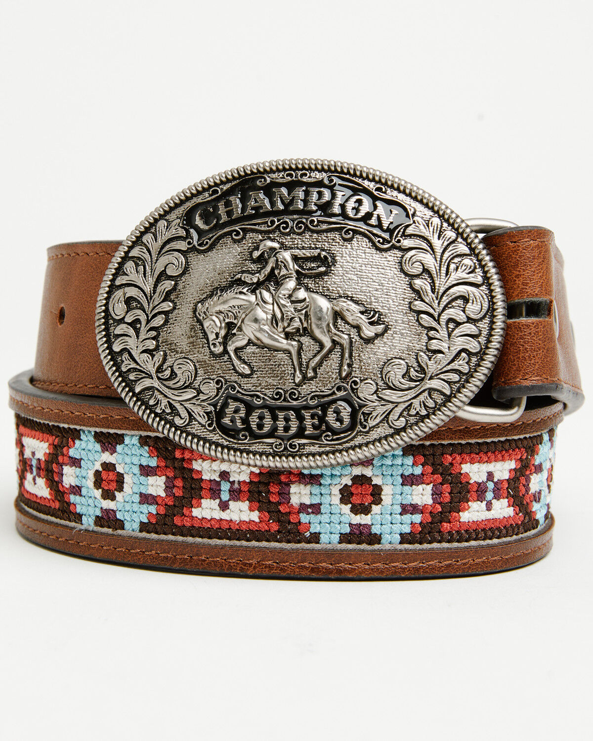 Image #1 - Cody James Boys' Rodeo Champ Southwestern Cross Stitched Bucked Belt, Brown, hi-res