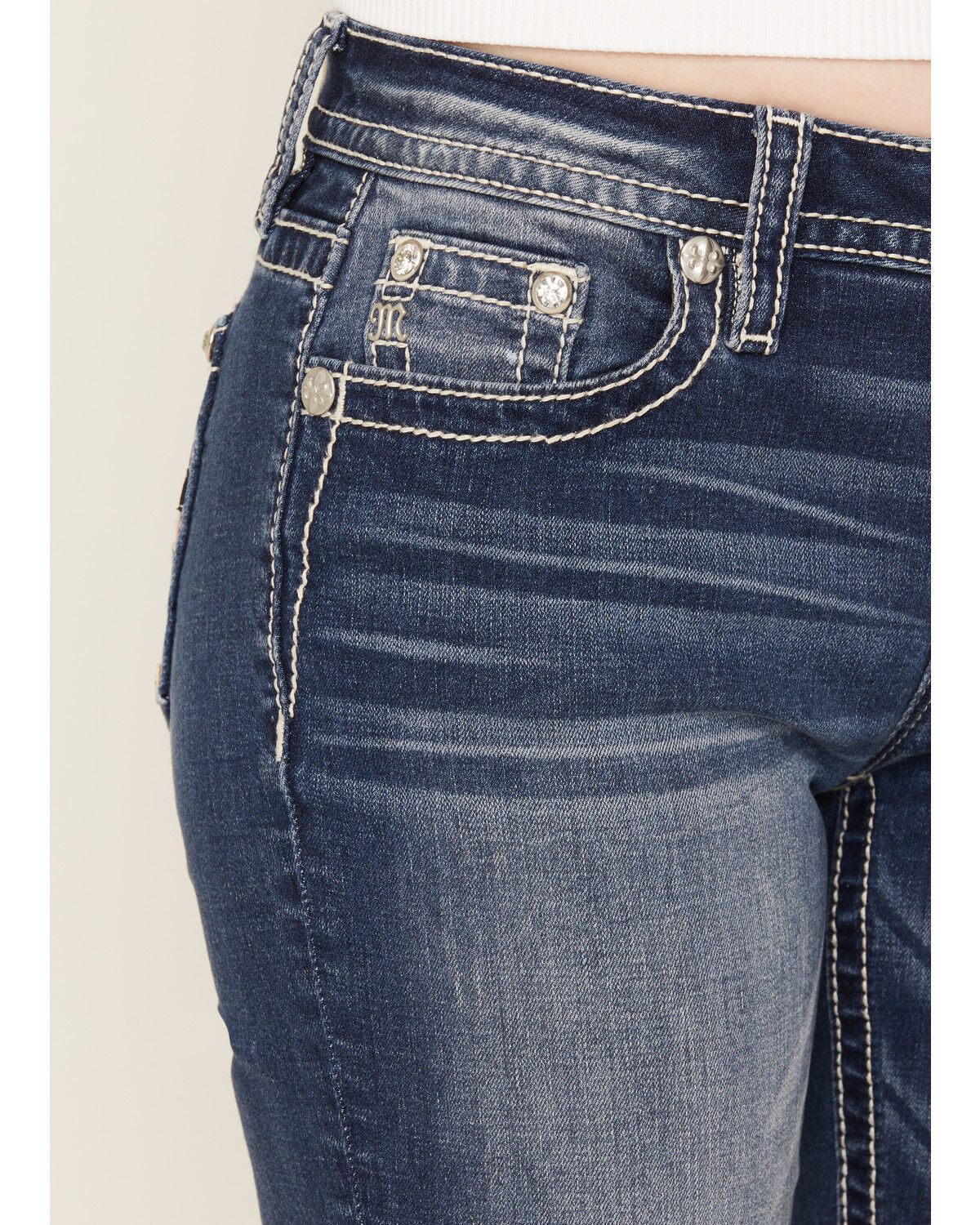 Image #4 - Miss Me Women's Dark Wash Americana Fleur de Lis Bootcut Stretch Denim Jeans, Dark Wash, hi-res