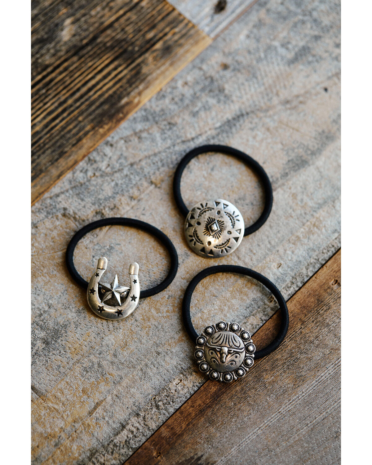 Idyllwind Women's Trinity Western Concho Hair Tie Set - 3 Piece, Silver, hi-res
