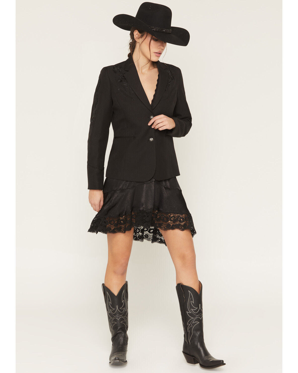 Scully Women's Tonal Scroll Embroidered Button-Down Blazer, Black, hi-res